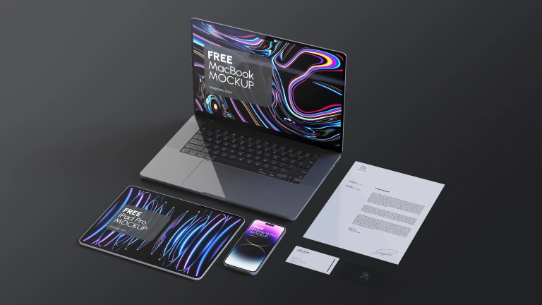 Free Stationary branding mockup including MacBook iPad iPhone, letter and business cards. 8K resolution